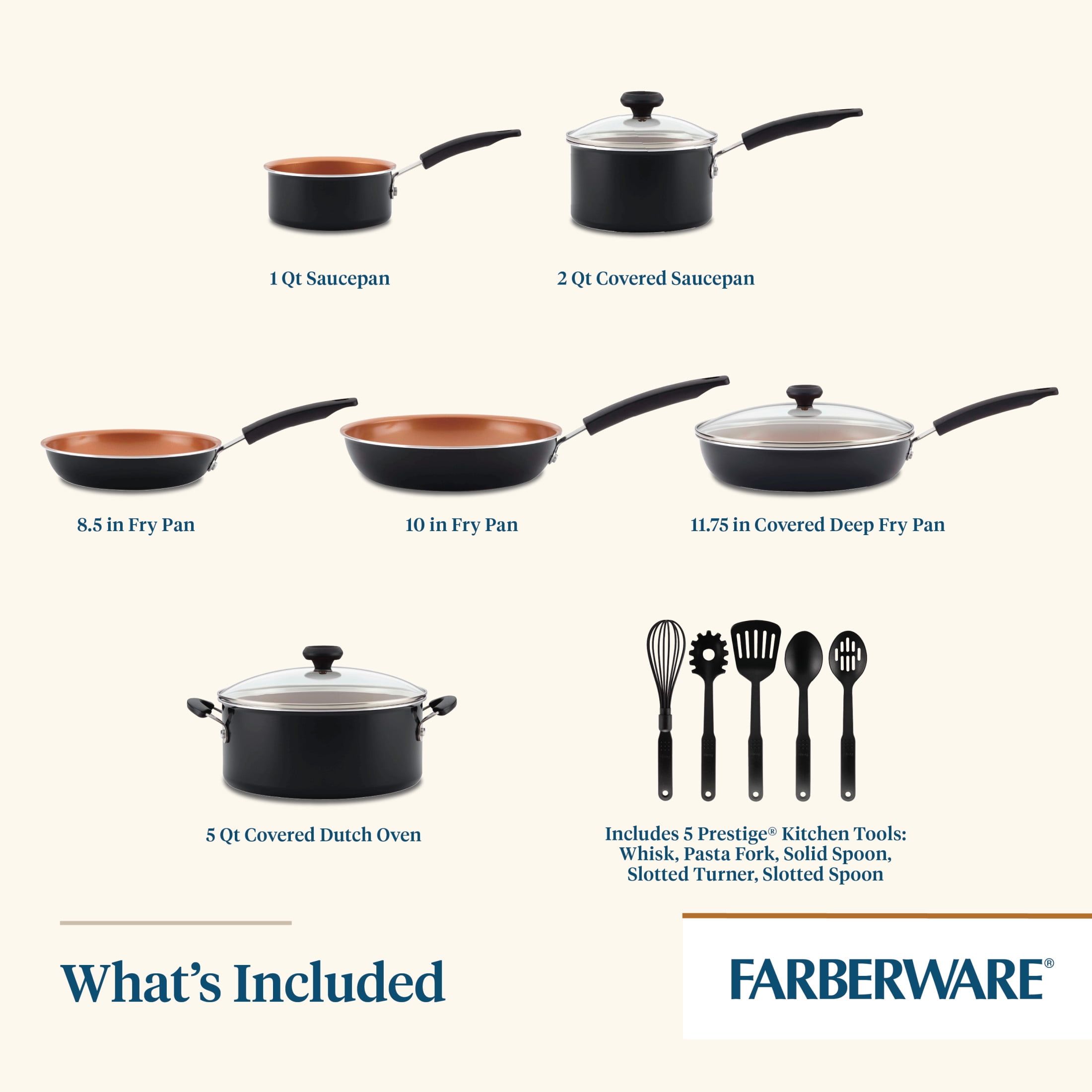 Farberware Easy Clean 14 Pcs Ceramic Nonstick Cookware Set with Cooking Tools, Dishwasher Safe, Black