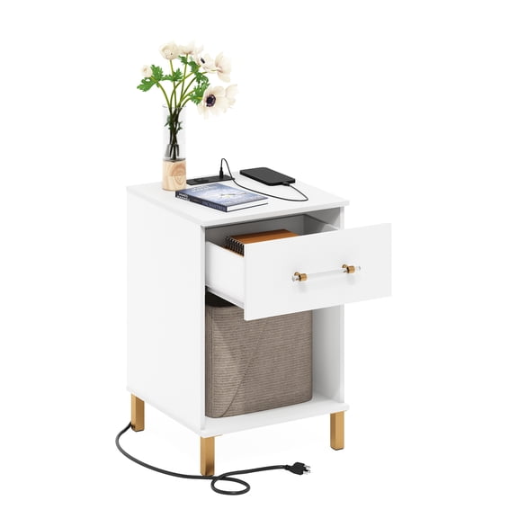 Furinno Tidur Side Table with Charging Station, End Table, Night Stand, Bedside Table with USB and Type-C Charging Port, for Living Room, Bedroom, Plain White
