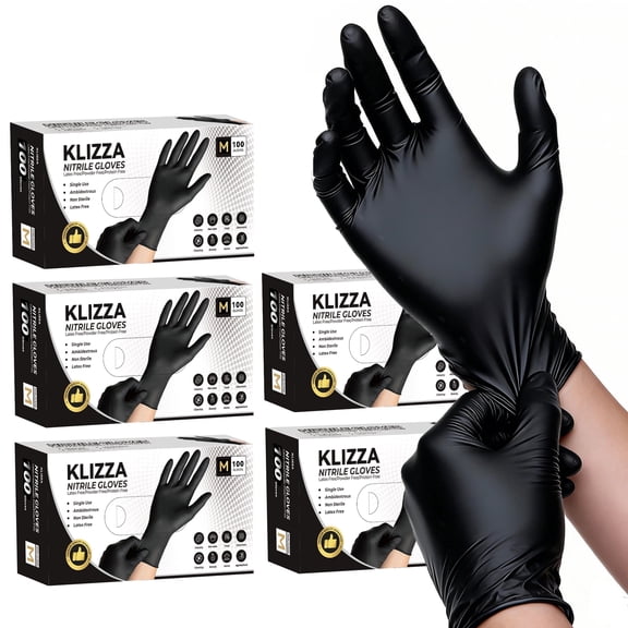 KLIZZA Black Nitrile Disposable Gloves 500PCS, 5Mil Latex-Free and Powder-Free, Safe for Food Processing, Beauty Salons, Medical Care, and Household Cleaning (M Size)