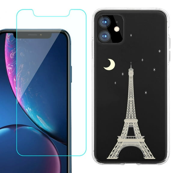 For Apple iPhone 11 Case , Slim-Fit TPU Protective Phone Case with Tempered Glass Screen Protector, by OneToughShield ® - Eiffel Tower Moon