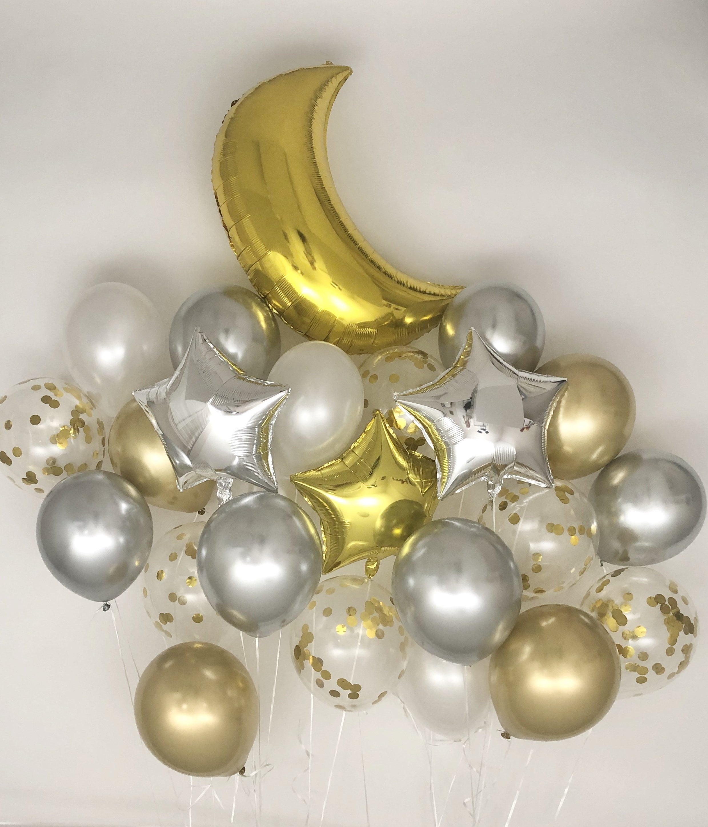 Sweet Moon 24 Piece Moon and Star Balloons Bouquet - Baby Shower, Birthday, Gender Reveal, Eid, and Ramadan Party Decoration (Metallic Gray)