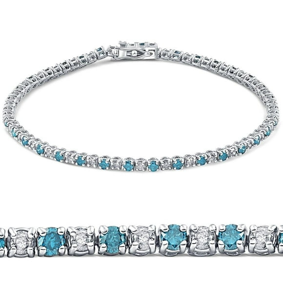 3ct TW Bracelet de Tennis Diamant Véritable Bleu & Blanc 14K Or Blanc 7"