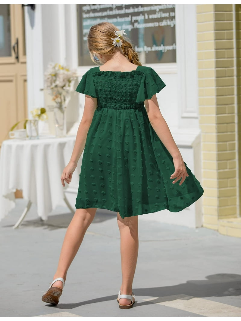 Aideaone Girls Chiffon Dress Flutter Ruffle Short Sleeve Kids Square Neck  Frocks Green 6-13Y - Walmart.com