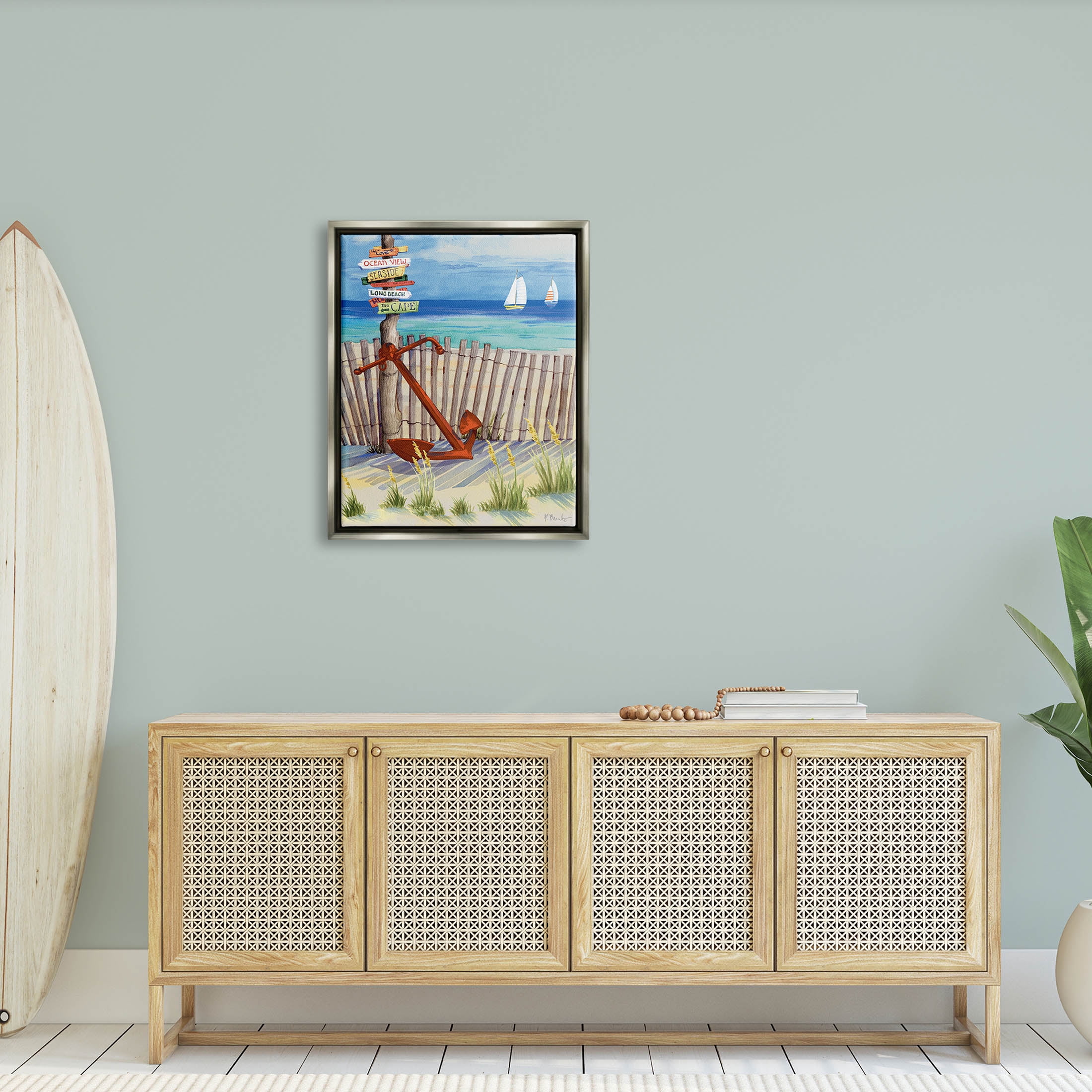 Anchor Leaning Beach Directions Sign Coastal Painting Luster Gray Framed Art Print Wall Art