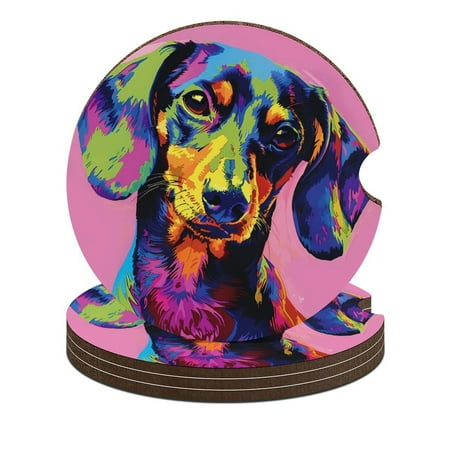 

Colorful Dachshund Dog Pop Art Car Coasters for Drinks with A Finger Notch for Easy Removal Cup Holder Coaster Cup Mat Car Interior Accessories 4PCS