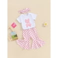 thumbnail image 3 of Suealasg Baby Girls Summer Clothes 3M 6M 12M 18M Short Sleeve Letter Print Romper Tops +Plaid Flare Pants +Headband 3Pcs Infant Girls Casual Beach Vacation Outfits, 3 of 8