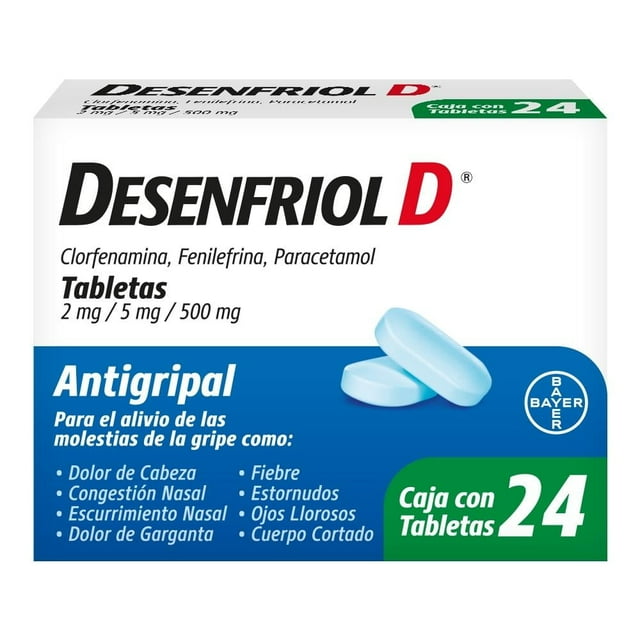 Desenfriol-D caja con 24 tabletas 500 mg antigripal con paracetamol