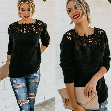 Women Girls Lace Fashion Casual Soft Knitted Long Sleeve Knitwear Blouse Sweater Hot Sale Walmart Canada