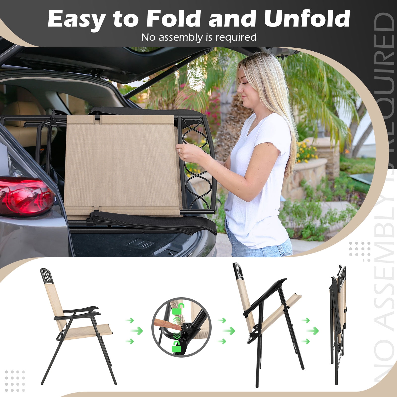 Gymax 4 Pack Patio Folding Chairs w/ Backrests & Armrests Metal Frame Outdoor Beige