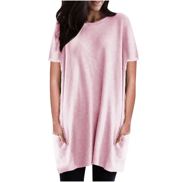 Birdeem Womens Casual Solid Color Round Neck Short Sleeve Loose Tops Blouses with Pocket