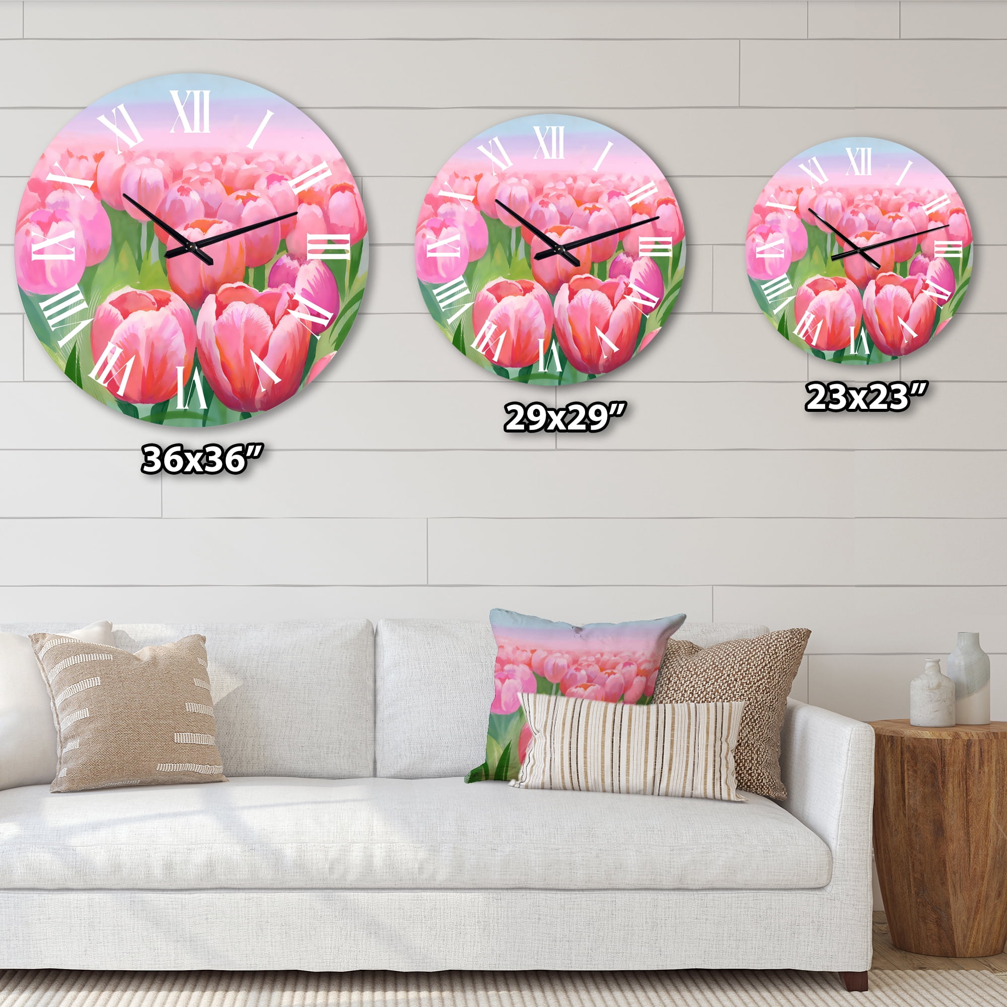 Designart 'Field Of Pink Tulips' Traditional Wall Clock