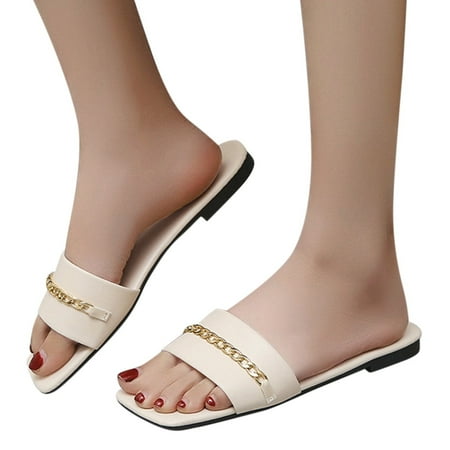 

Aayomet Womens Sandals Shoes Metal Solid Chain Ladies Fashion Outer Beach Shoes Flat Sandals Color Women s sandals Beige 6.5