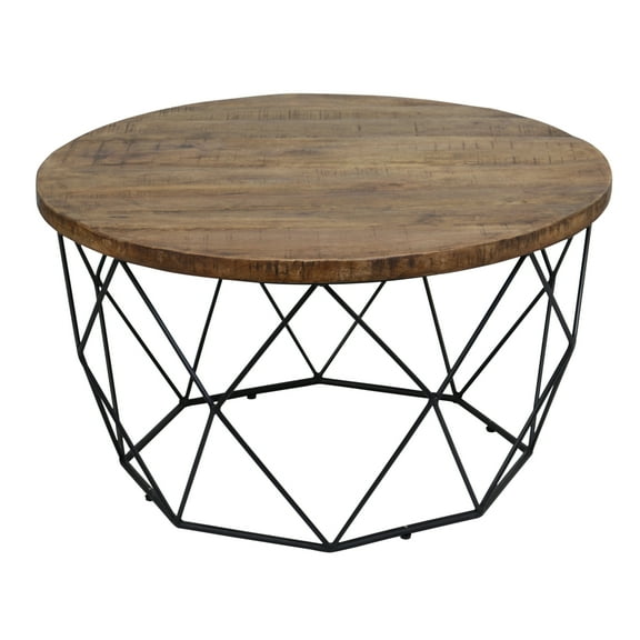 Round Wooden Coffee Table with Geometric Cutout Iron Base, Black and Brown- Saltoro Sherpi