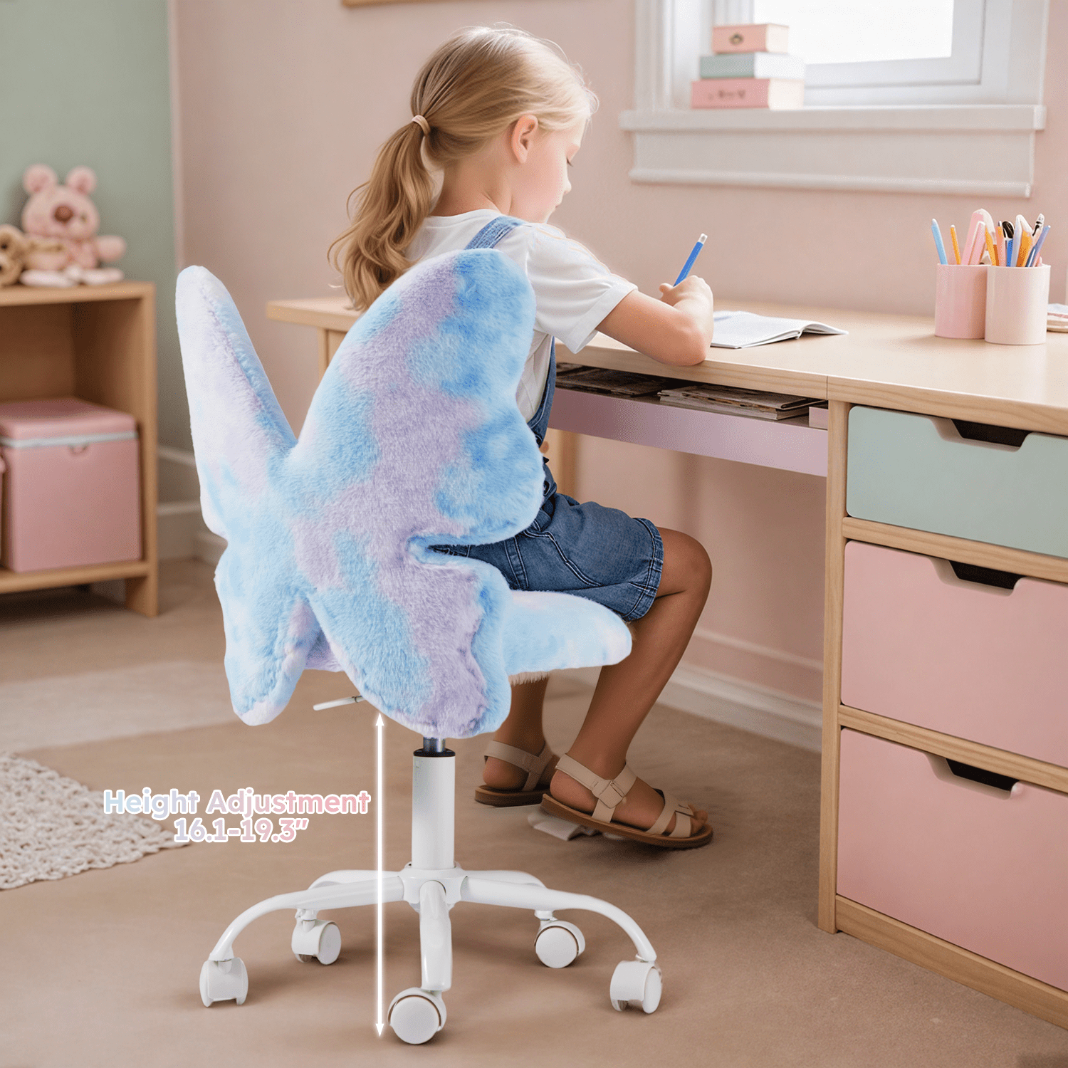 Kids Desk Chair with Butterfly Back, Adorable Fluffy Wheeled Desk Chair for Girls, Faux Fur Adjustable Height Swivel Vanity Chair for Kids Bedrooms and Reading Rooms,Colorful Blue