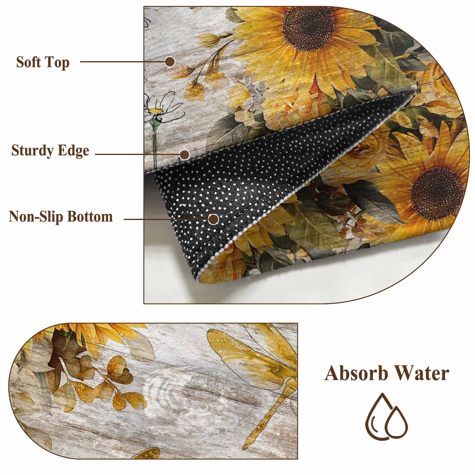 Runner Rug 2'x6', Farmhouse Sunflower Washable Non-Slip Hallway Runner Rugs, Vintage Daisy Butterflies Rustic Wood Bedside Rugs Floor Mats Carpet Runners for Kitchen Bathroom Laundry Room