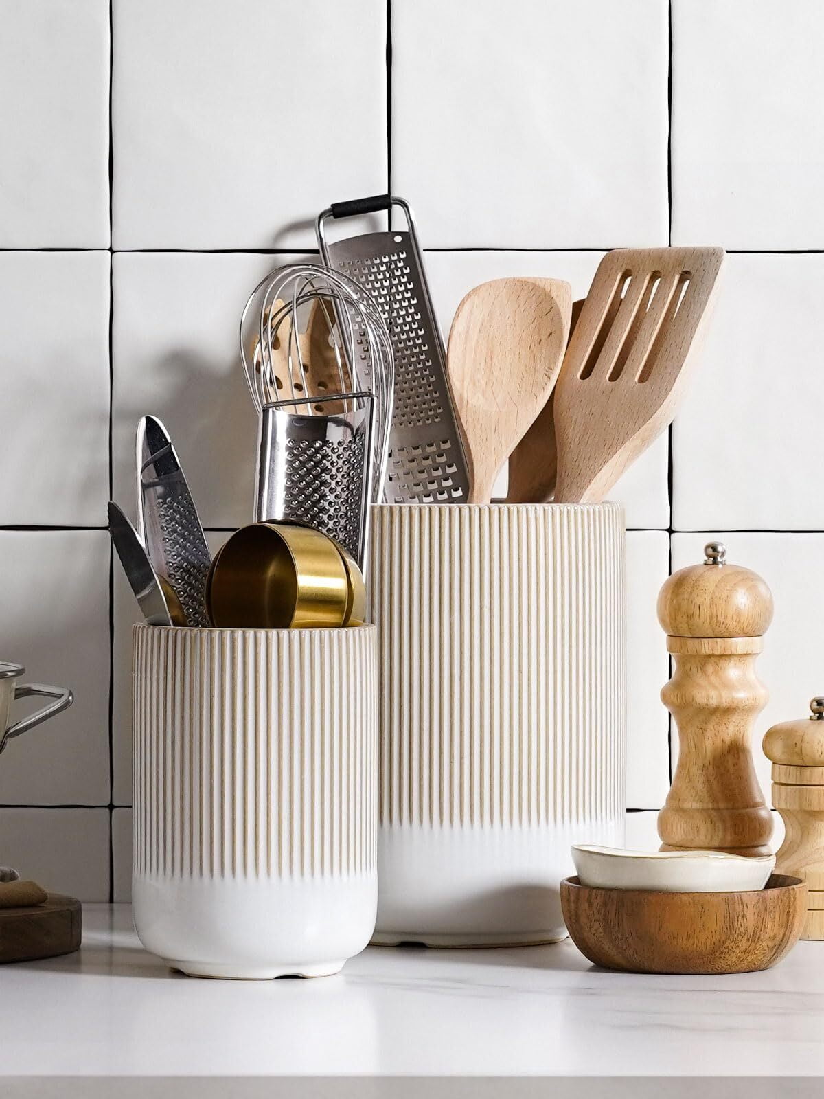 LE TAUCI 7.3"+5.4" Ceramic Utensil Holders, 2-Pack Kitchen Utensil Crock for Countertop & Kitchen Counter, Reactive Glaze Arctic White