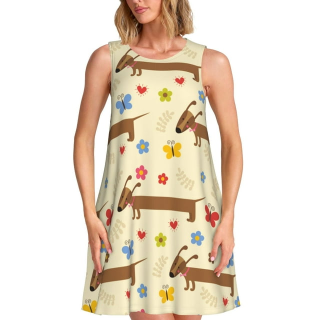 Xecao Teckel Chien et Fleur pour Robes d'Été pour Femmes Robes Décontractées de Plage Robes de Plage Sans Manches T-Shirt Robe Évasée avec Poches