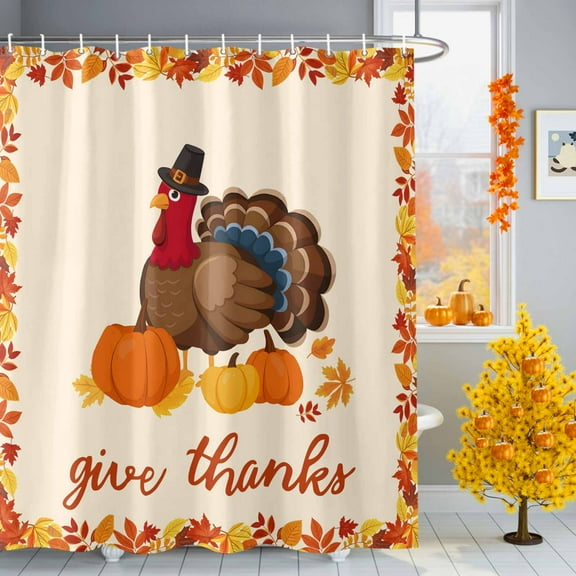 Give Thanks Shower Curtains for Bathroom, Thanksgiving Turkey Retro Fall Maple Leaves Waterproof Fabric Shower Curtain for Bathroom Bathtub Decoration, Machine Washable, 60"x72"
