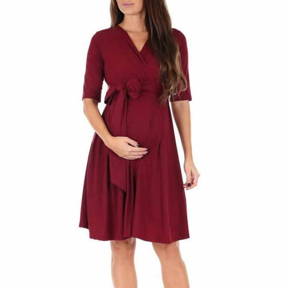 jovati Women Clothes Mid-Sleeved Solid Color V-Neck Waist Pregnant Woman Dress Pregnant Dress