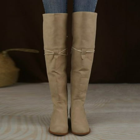 

TALKVE Ladies Autumn And Winter Fashion Handsome Solid Color Retro Knee Boots Thick Heel Round Toe Side Zipper Boots