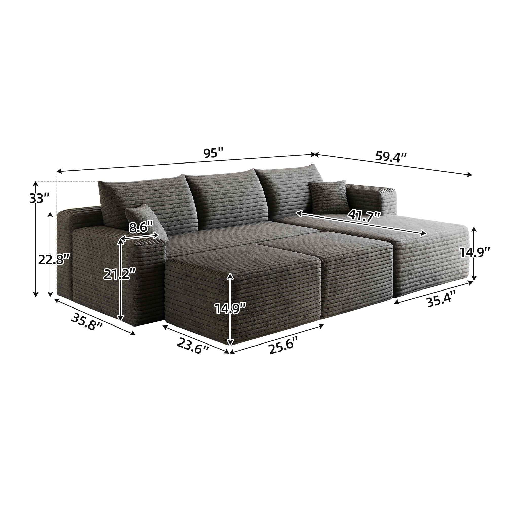 MAYEERTY 95" Corduroy U-Shaped Sectional Sofa with 2 Ottomans, Deep Seat Cloud Couch, No Assembly Leisure Sofa for Home