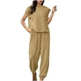thumbnail image 1 of Penkiiy Ensemble 2 Pcs en Coton et Lin pour Femmes, Col Rond, Manches Mi-Longues, Combinaison, Kaki, 1 of 6