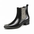 thumbnail image 1 of Men’s Leopard Print Chelsea Boots, Pointed Toe Metal Toe Cap Block Heel, Elastic Side Slip-On Fashion Boots Rivet Trim Square Toe Western Ankle Boots, 1 of 6