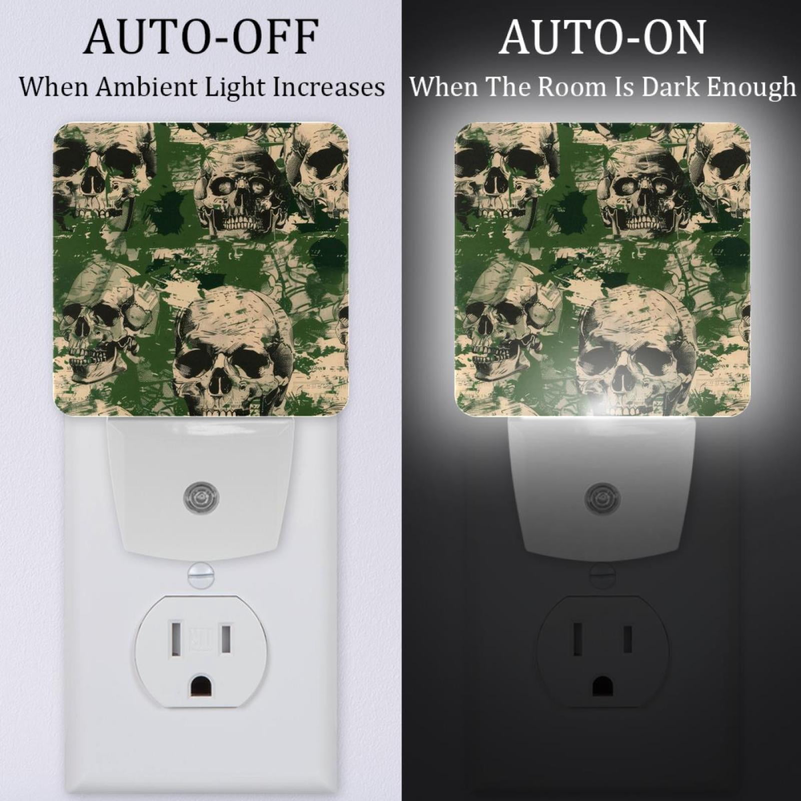 PhooArto Skull Green Camouflage Pattern Plug in LED Night Light Auto Sensor Dusk to Dawn Decorative Night for Bedroom, Bathroom, Kitchen, Hallway, Stairs, Baby's Room, Energy Saving