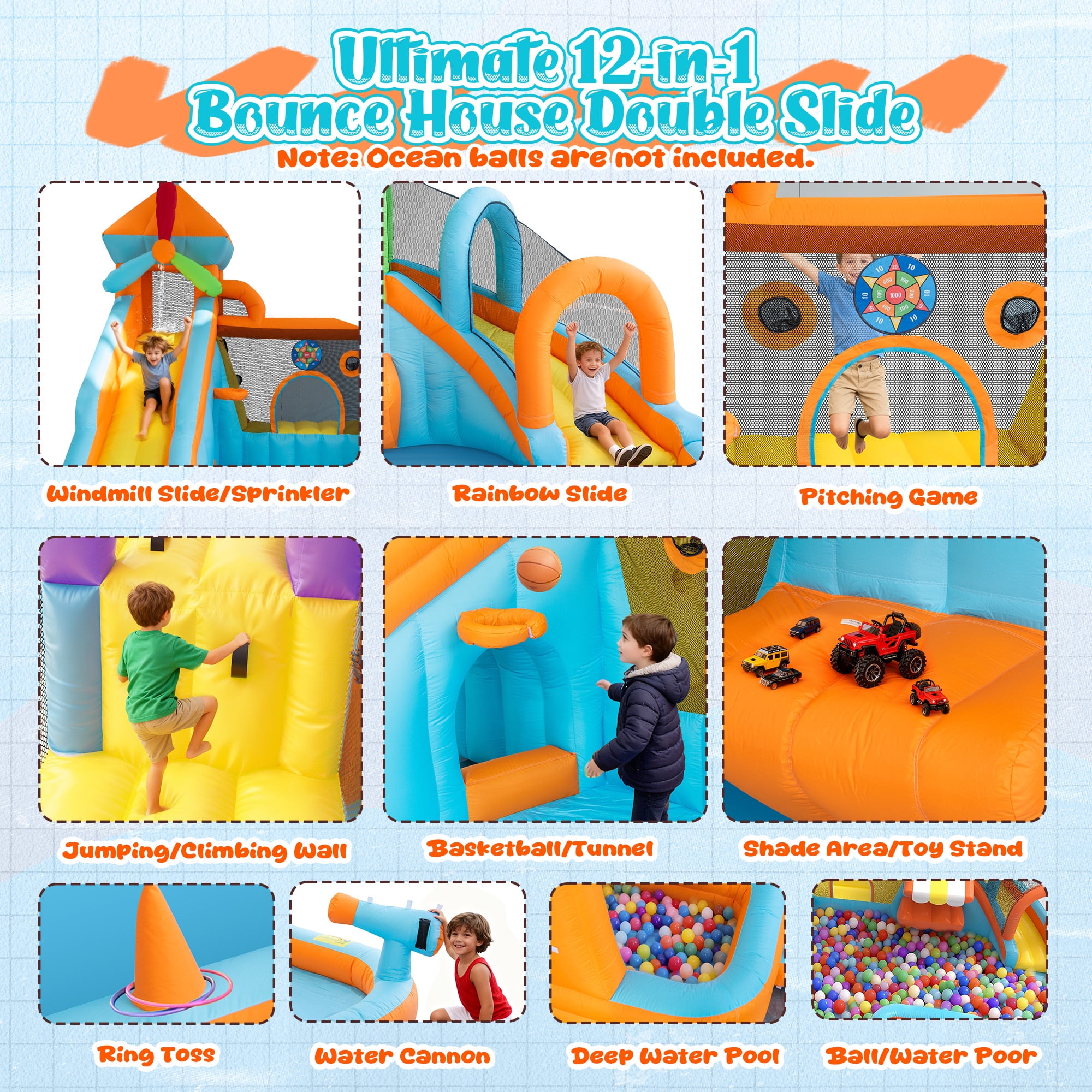 Letsgokid 17.5×13 FT 12 in 1 Water Bounce House for Kids with Double Slide, 750W Blower, Toy Stand, Jumping, Climbing Wall, Water Gun, Splash Pool, Tunnel, Basketball, Indoor, Outdoor, Orange