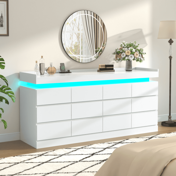 White Faux 12-Drawer Dresser for Bedroom, Dresser with Power Outlet and LED Light, Modern Chest of Drawers for Closet, Double Wide 6-Drawer Organizer Cabinet with 12 Compartments– STIKELY