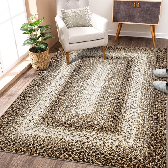 ZACOO 5'x7' Braided Texture Multi Border Area Rug Foldable Anti‑Pilling Machine Washable Non‑Slip Carpet for Living Room Entryway Dining Room, Beige