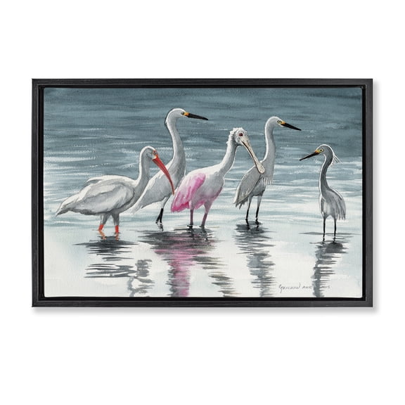 Stupell Industries Tropical Herons Stepping in Shore Black Floating Frame Canvas Art, 25 x 17, by Christine Reichow