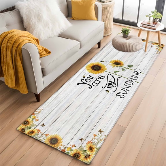 Sunflowers Kitchen Runner Rug 2x6 Washable Runners for Hallway Non Slip Farmhosue You Are My Sunshine Wooden Grain Large Area Rug Indoor Floor Carpet for Bathroom Laundry Entryway Bedroom Living Room