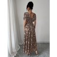 thumbnail image 2 of Chocolate Brown Womens V-Neck Off-Shoulder Puff Sleeve Ruched Waist A-Line Floral Maxi Dress, 2 of 7