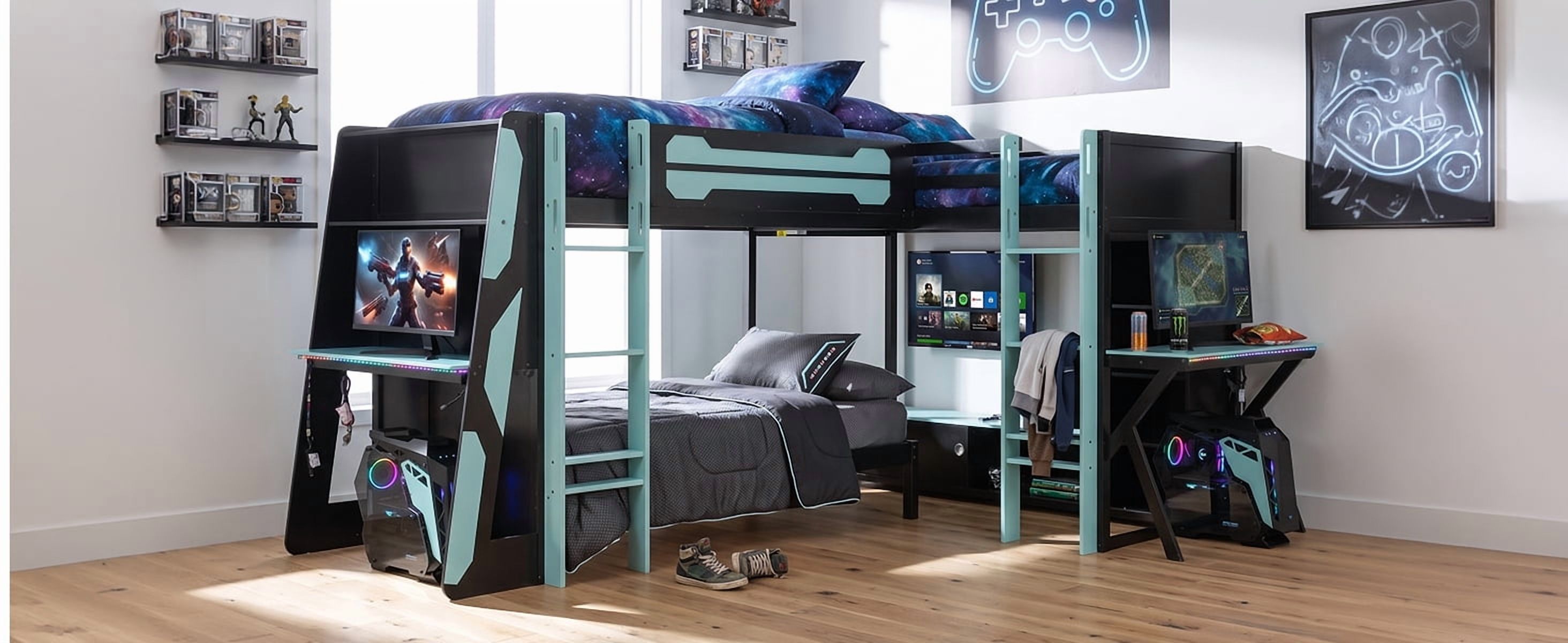 Mintazer L-Shaped Triple Twin Gaming Bunk Bed with 2 Gaming Desks & RGB LED Lights, Triple Bed Frame with USB Charging, TV Stand & Storage Shelves for Bedroom, Black & Green