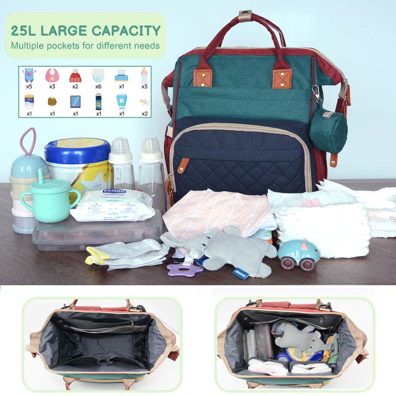 DERSTUEWE Baby Diaper Bag Backpack, Diaper Bag for Dad Mom , Insulated Milk Bottle Pockets, Pacifier Case, Large Diaper Bag for Travel (Colorful)