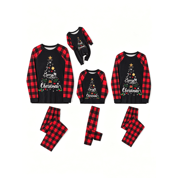 Family Matching Christmas Pajamas Set, Letter Print Long Sleeve Top Plaid Pants, Soft Loungewear