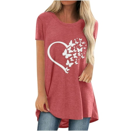 

Tunics for Women to Wear with Leggings Heart Butterflies Print Short Sleeve Flowy T-Shirts Crewneck Casual Blouses