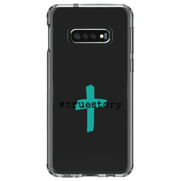 DistinctInk Clear Shockproof Hybrid Case for Samsung Galaxy S10e (5.8" Screen) - TPU Bumper Acrylic Back Tempered Glass Screen Protector - #truestory - Cross - Christian - Teal
