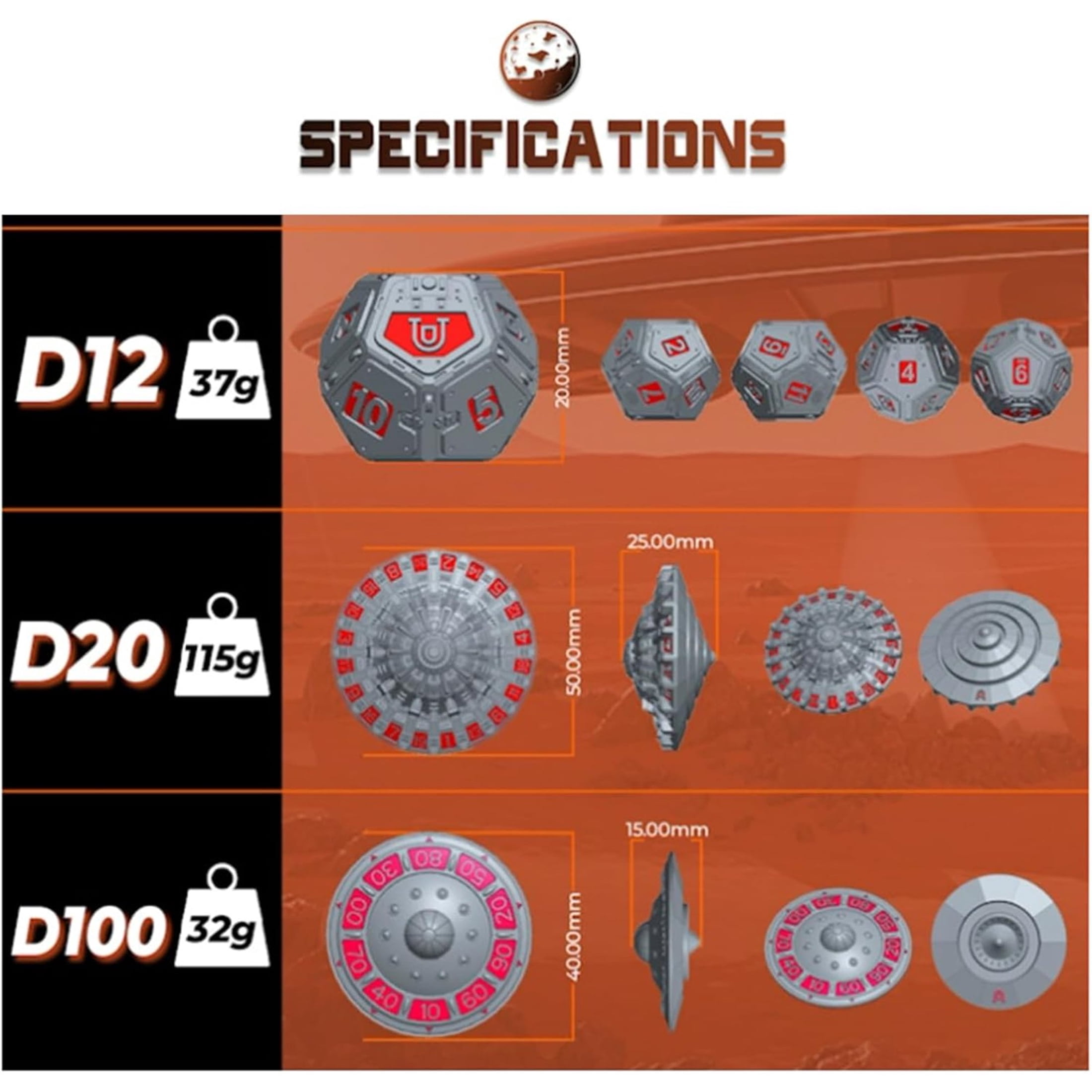 UFO DND Dice Set, Dungeons and Dragons Metal Dice,Adult