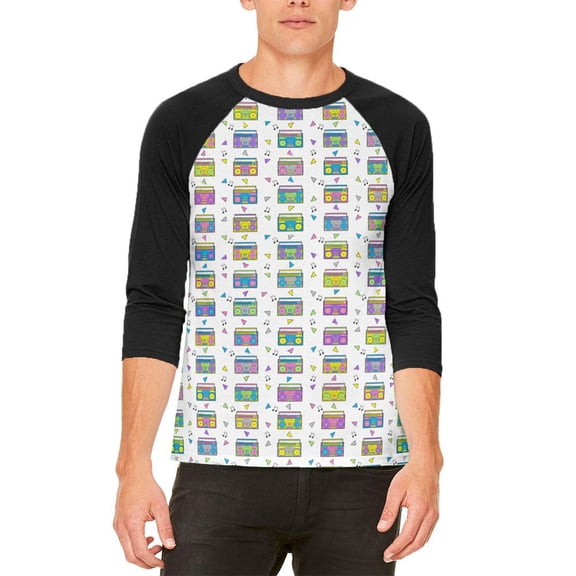Retro Boombox Stereo Pattern Mens Raglan T Shirt White-Black SM