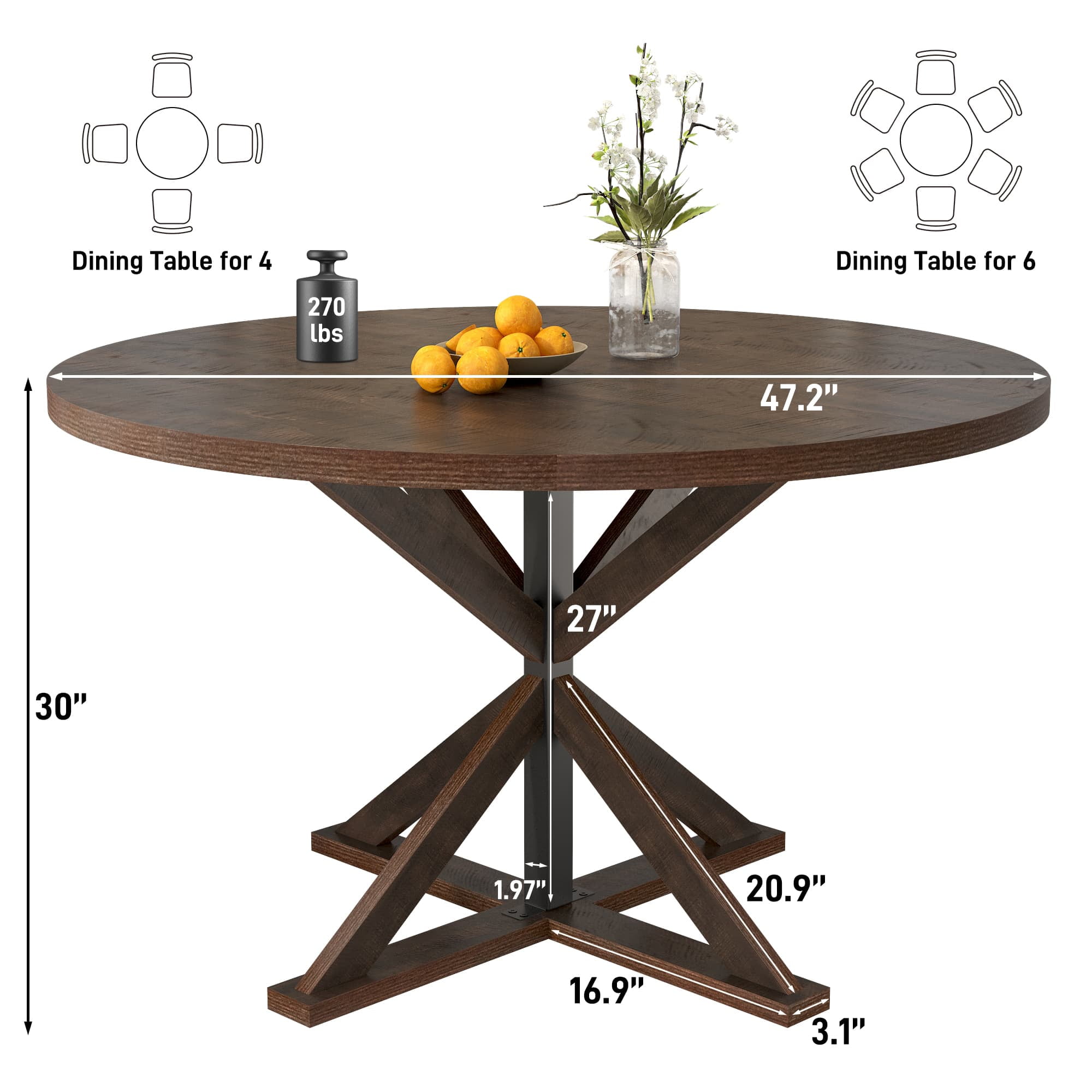 47" Round Dining Table for 4 to 6 People, Modern Farmhouse Kitchen Table with Thickened Waterproof Top, Sturdy X-Base Pedestal Table for Small Spaces, Dining Room, Rustic Brown