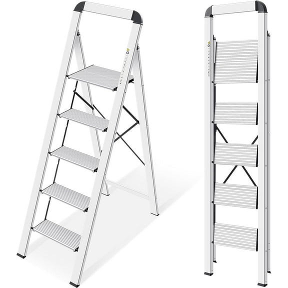 Aluminium 5 Step Ladder, Lightweight Step Stool with Non-Skid Pedals, Handrail, Foldable Step Ladder for Kitchen, Garage, Home, Space Saving, Sturdy and Portable, Silver