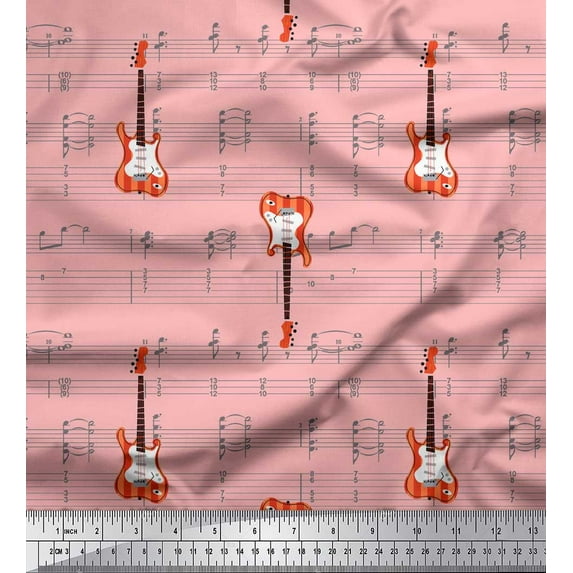 Soimoi Pink Georgette Viscose Fabric Notes & Guitar Musical Instrument Printed Fabric 1 Yard 42 Inch Wide