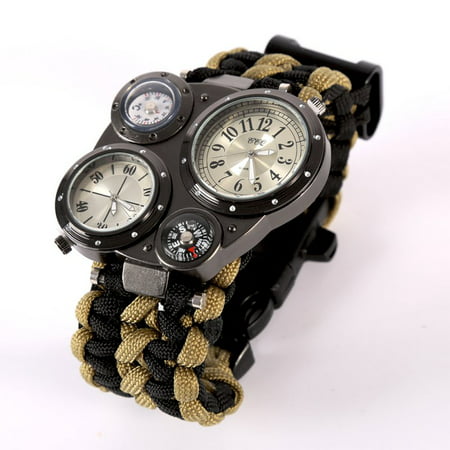 CHLTRA Double Time Zone Paracord Survival Watch Compass Flint Thermometer Whistle Multi-function 6-in-1 Hiking Sailing