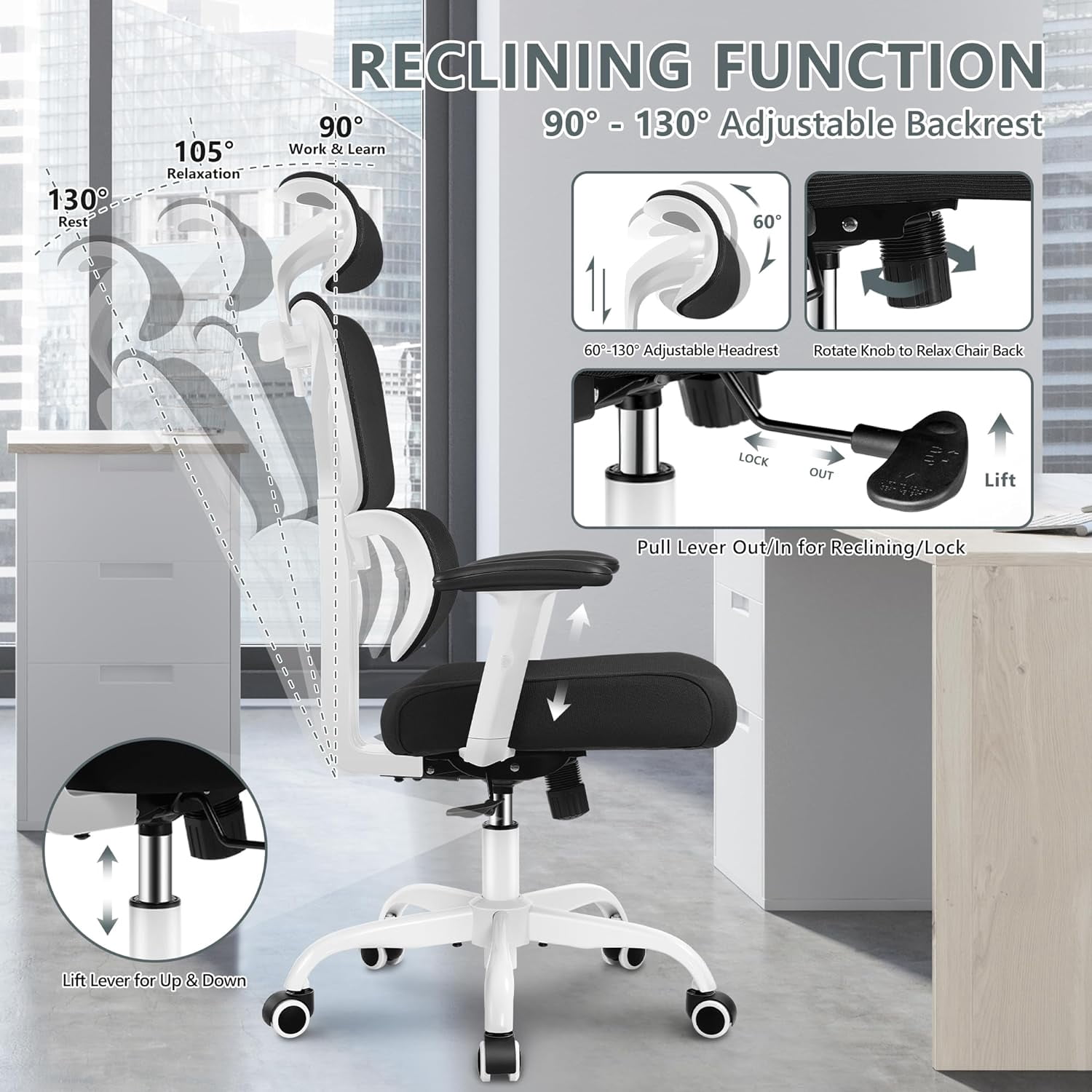 Office Chair, Ergonomic Desk Chair with Adjustable Height and Lumbar Support Swivel Desk Computer Chair with Flip up Armrests for Conference Room, Drak Gray