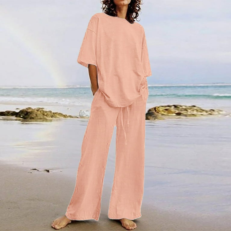 Cotton Linen Set Women 2 Piece Outfits Summer Loose Drop Shoulder Short  Sleeve Oversized Top and Wide Leg Pants Sets