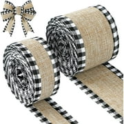 2 Rolls Buffalo Plaid Wired Edge Ribbons Christmas Burlap Fabric Craft Ribbon Natural Wrapping Ribbon Rolls with Checkered Edge (Black and White, 1.5 x 216 Inch)