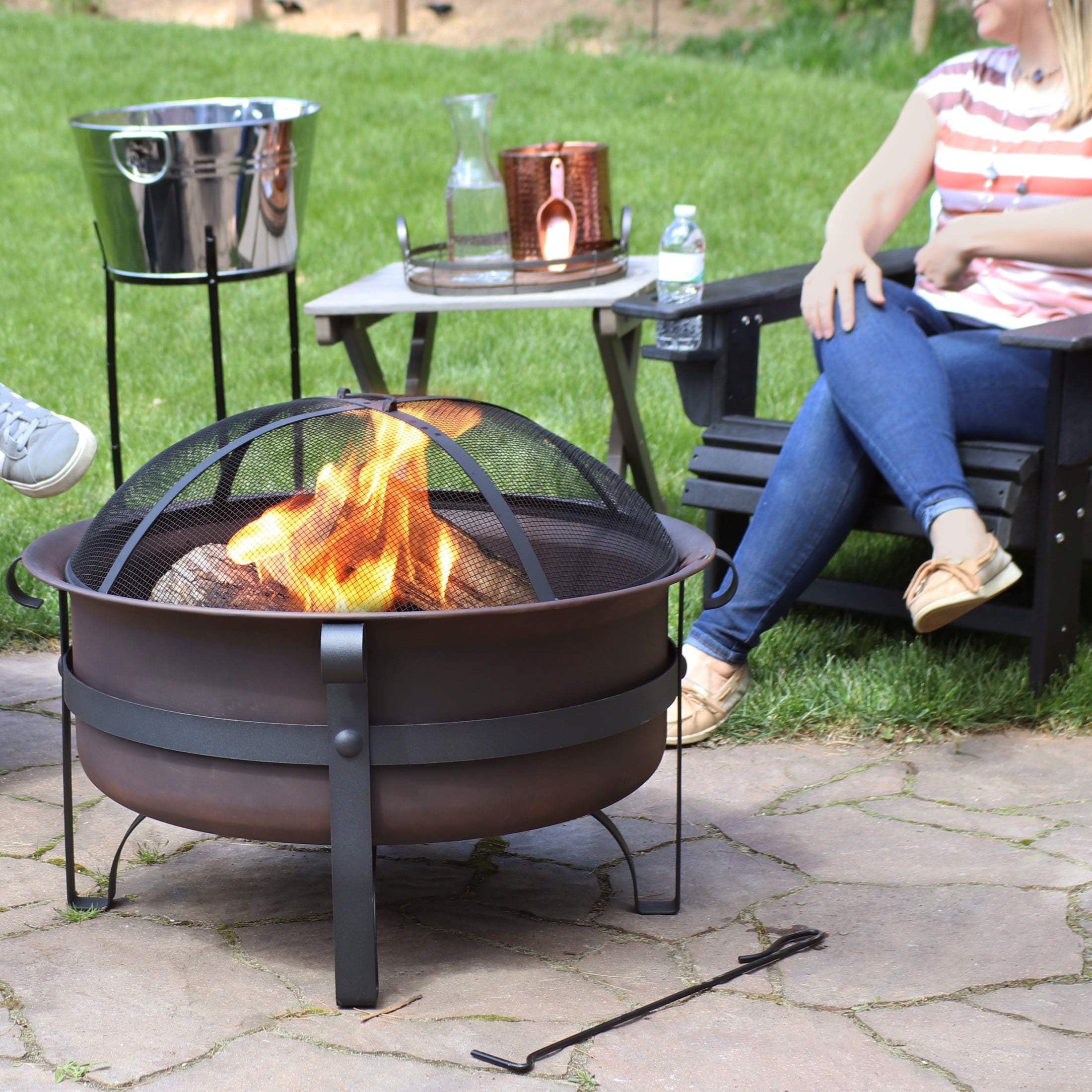 Sunnydaze 29" Round Wood-Burning Bronze Finish Steel Fire Pit Bowl with Spark Screen and Poker
