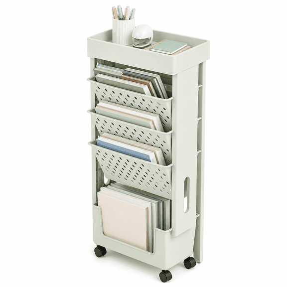 5-Layer Rolling Storage Cart Tower with Wheels, Narrow Space Storage Shelf Trolley for Kitchen, Dining Room, Living Room, Office, Bathroom Use